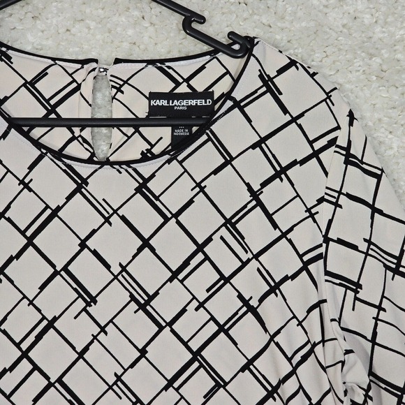 Karl Lagerfeld Womens Long Sleeve Blouse Size Medium White Black Check Career - Picture 3 of 12